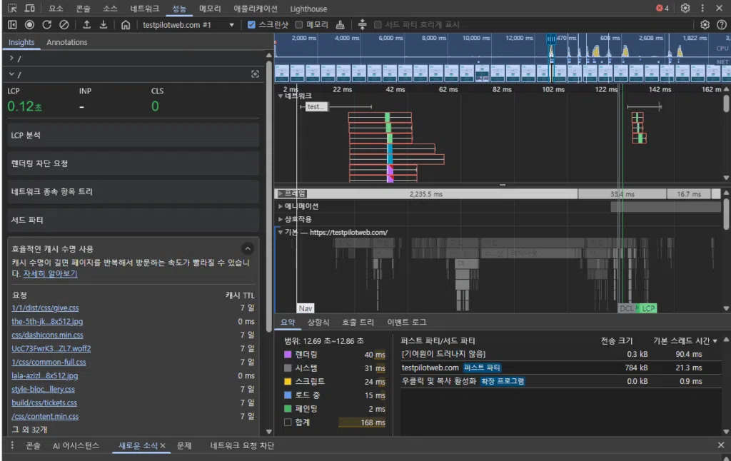 웹사이트 속도 측정 사이트 및 도구 TOP6 10 크롬 개발자 도구 테스트-성능 탭_testpilotweb_테스트4 - 테스트 완료