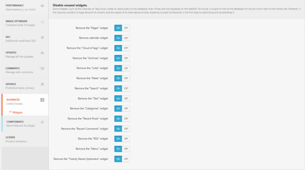 Clearfy 설정 - 고급 기능 3_미사용 위젯 제거 [영어]