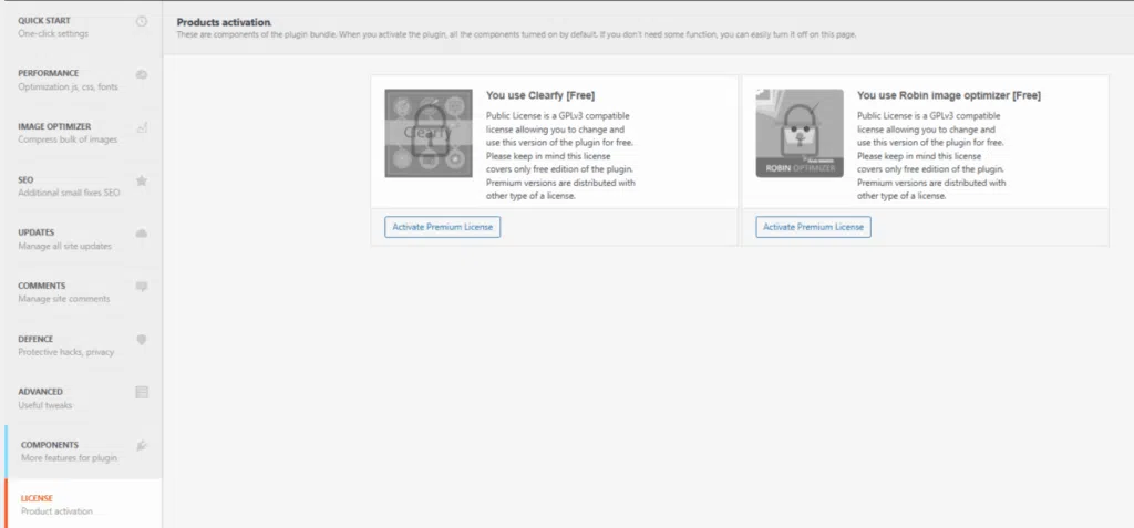 Clearfy 설정 - 라이선스 탭[영어만]