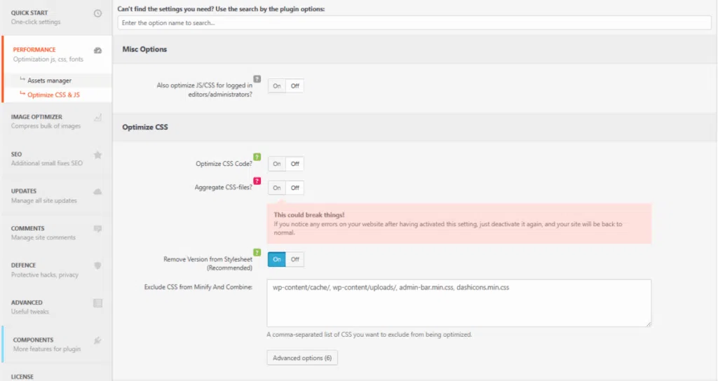 Clearfy 설정 - 성능_CSS 및 JS 최적화 1 [영어]