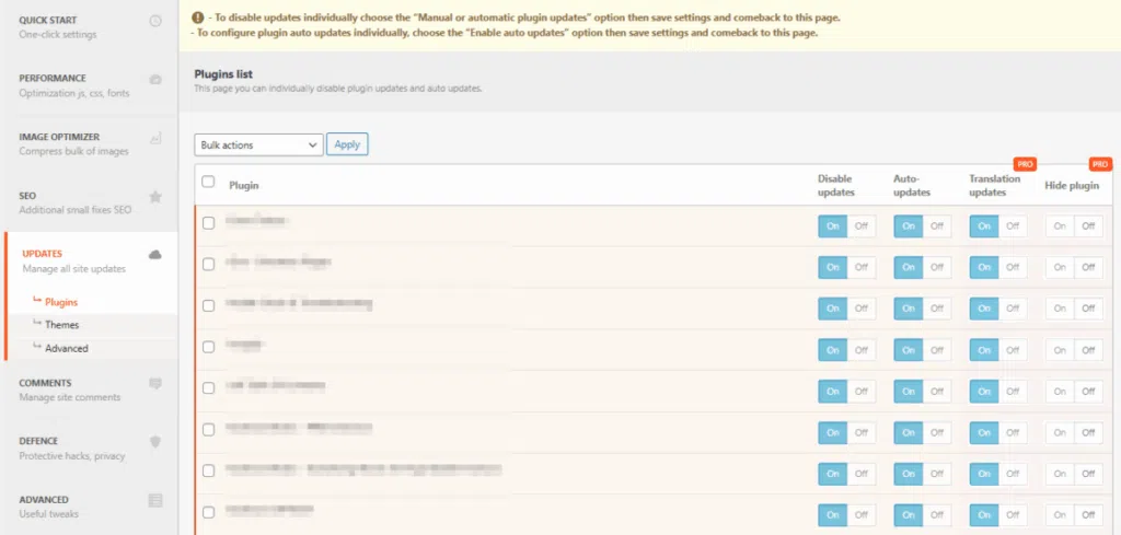 Clearfy 설정 - 업데이트(플러그인 목록) [영어만]