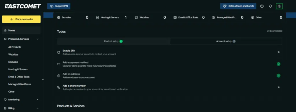 FastComet 호스팅 관리자 대시보드 다크모드 설정