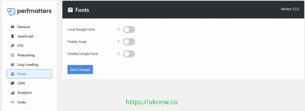 Perfmatters - Fonts 설정 탭