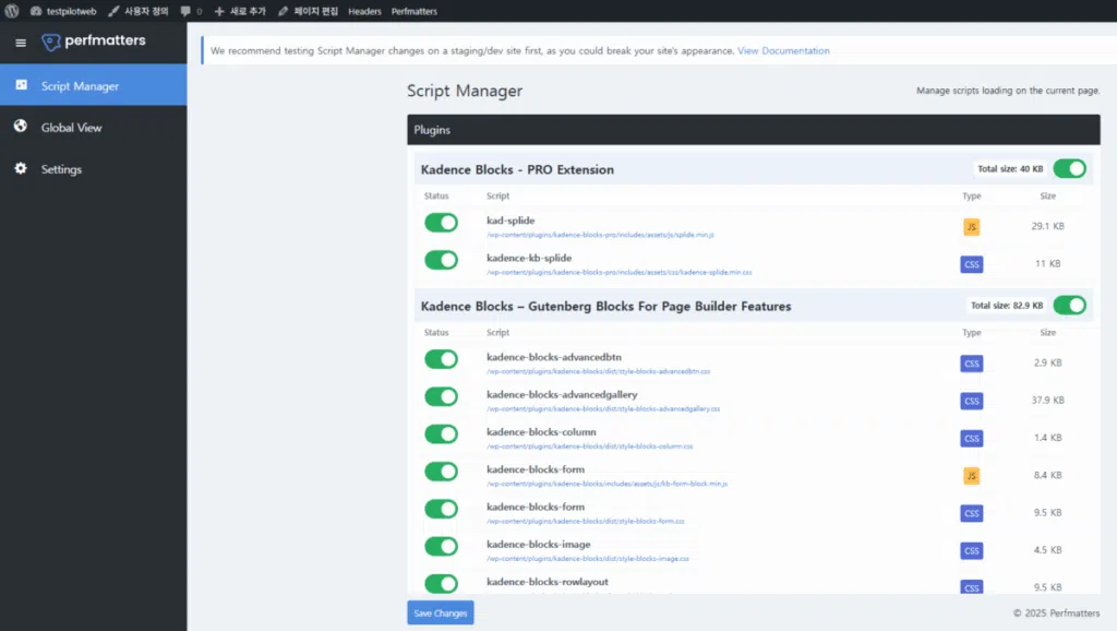Perfmatters 스크립트 매니저(Script Manager)[영어만]