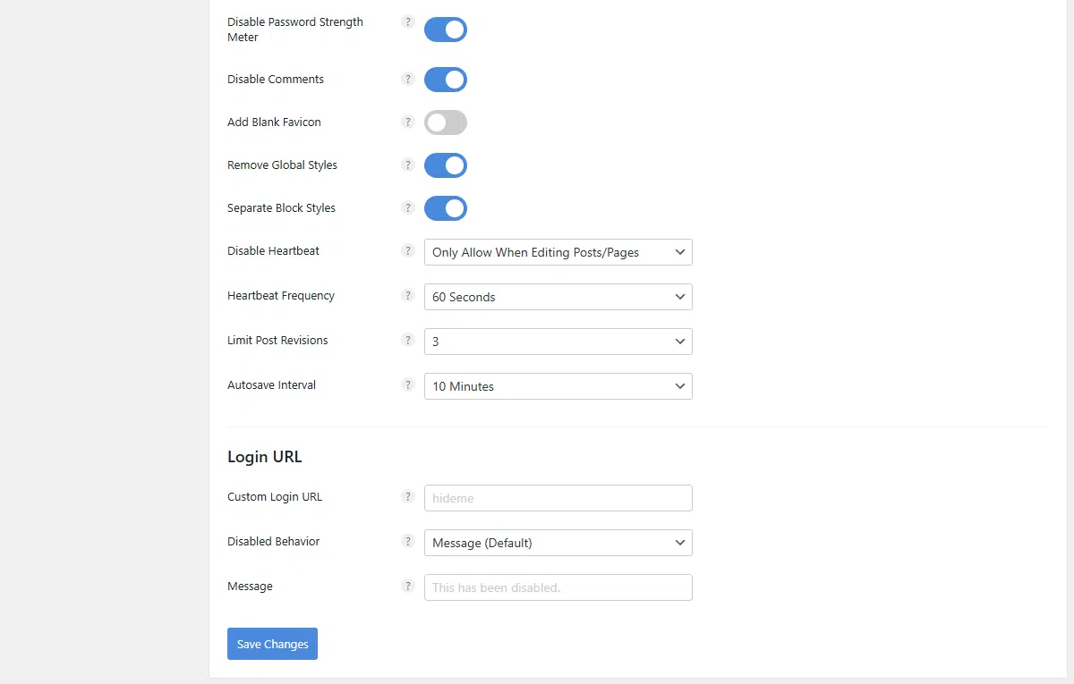 Perfmatters 일반 설정 탭-권장 설정 2Page