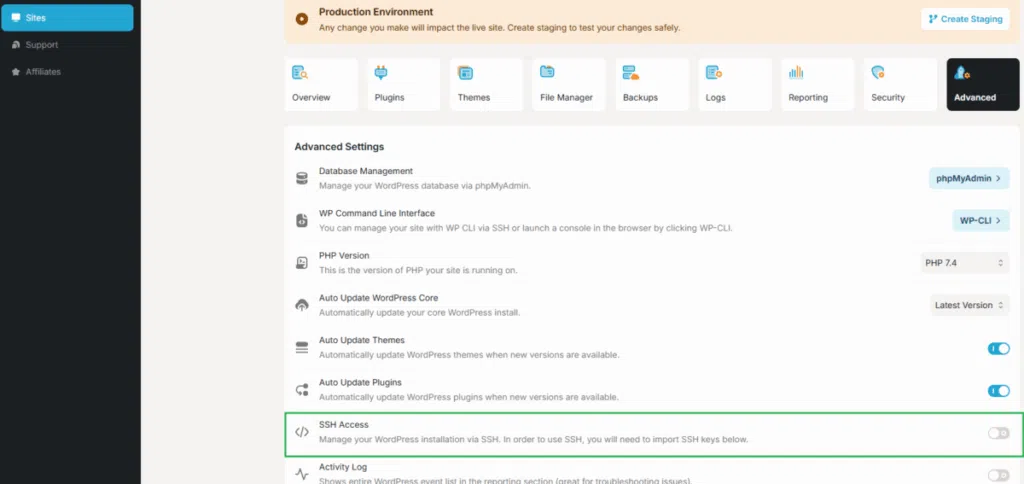 워드프레스 호스팅 RocketNet 가격·스펙 & Starter 플랜 $1 21 RocketNet 관리자 페이지-고급 설정_SSH Key 생성 1