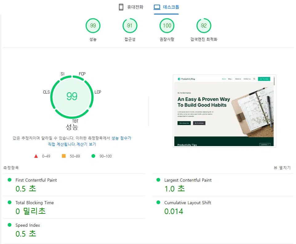 워드프레스 호스팅 RocketNet 속도와 안정성 평가 2 RocketNet 구글페이지스피드 속도 테스트(데스크탑)
