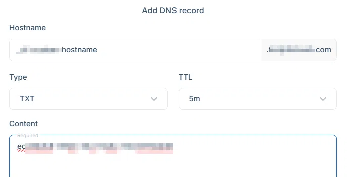 RocketNet 관리자 페이지-SSL 연결을 위한 TXT 레코드(네임 서버에서)