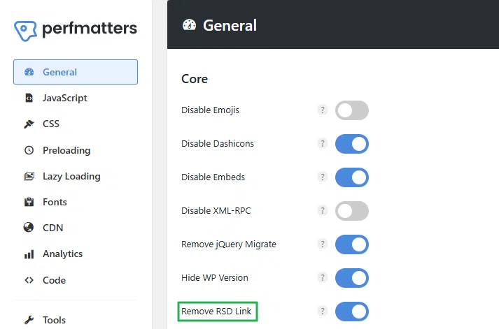 perfmatters를 이용한 워드프레스 RDS 링크 제거