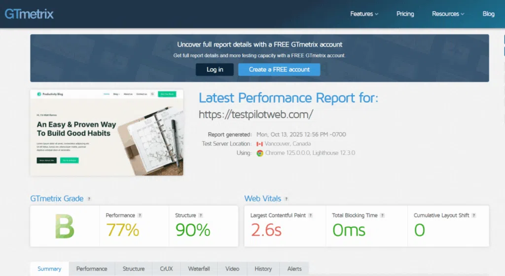 웹사이트 속도 측정 - GTmetrix 테스트 완료 1 [testpilotweb]