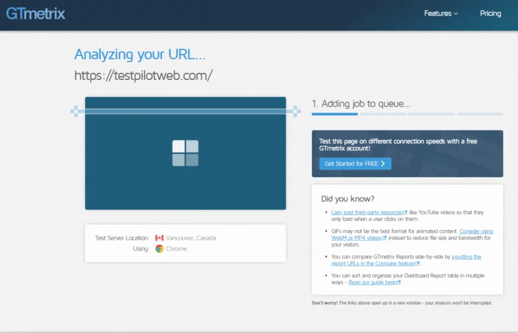 웹사이트 속도 측정 - GTmetrix 테스트 중 [testpilotweb]