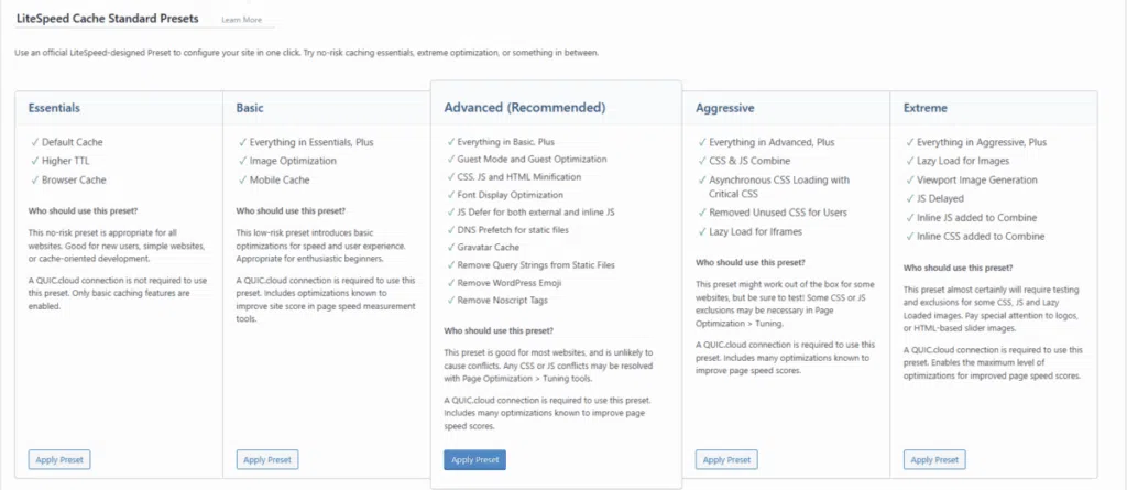 LiteSpeed Cache 설정 화면[영어]