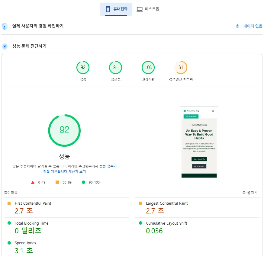 구글 페이지스피드 FastComet 성능 테스트(ListSpeed Cache&CDN[모바일]